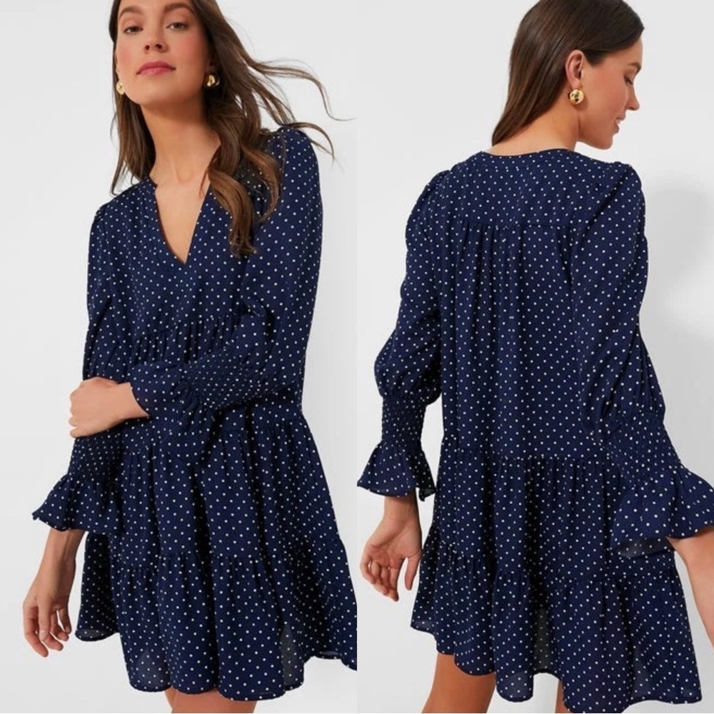 Pomander Place Women’s Navy White Polka Dot Kenzo Tiered Mini Dress Longsleeve L